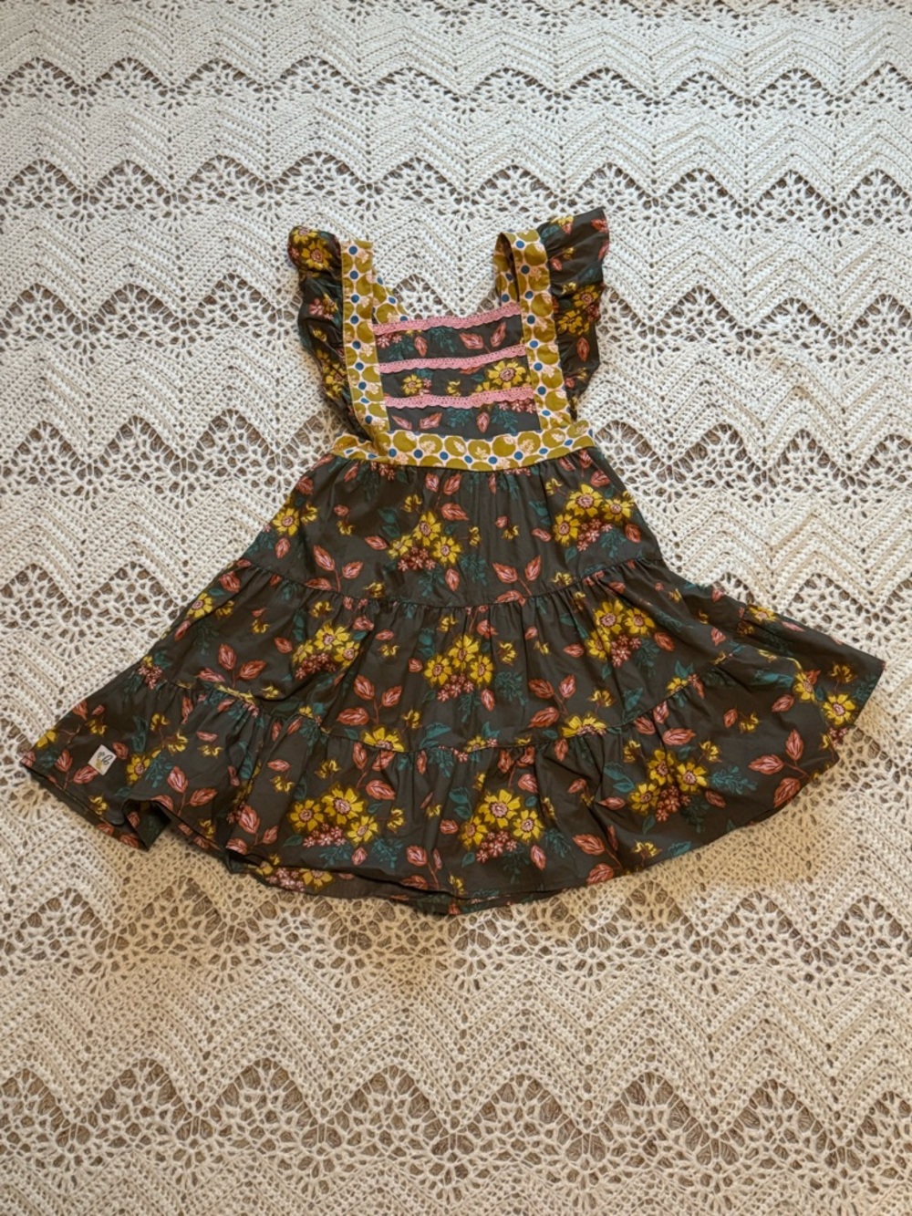 Wildflowers Olive Green Floral Ruffle Sundress with Yellow Accents Playful Smock
